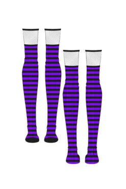 Fishnet Garter Thigh High Socks [Black/Purple] -Vampirefreaks Sale Store purple socks