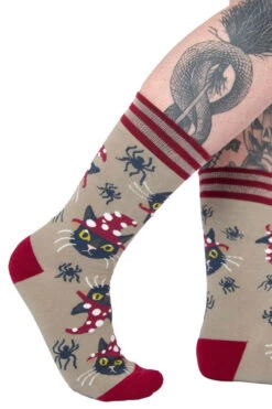 Witchy Whiskers Crew Socks -Vampirefreaks Sale Store red mushroom socks