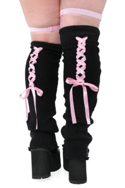 Laced Up Legwarmers [Black/Pink] -Vampirefreaks Sale Store ribbon leg warmers