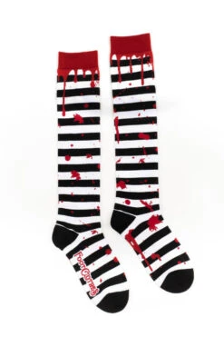 Sanguine Stripes Blood Splatter Knee High Socks -Vampirefreaks Sale Store spooky knitted Sanguine socks