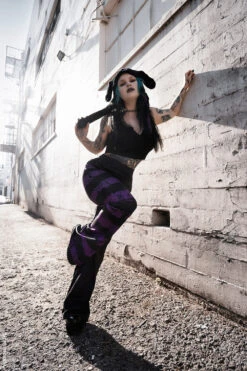 Dead Purple Striped Split Flares [Purple/Black] -Vampirefreaks Sale Store striped bell bottoms