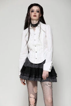 Candelabra Ruffle Button Up Shirt [Ghost White] -Vampirefreaks Sale Store vintage buton down shirt