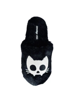 Kreepy Kozy Kitty Skull Slippers [Black/White] -Vampirefreaks Sale Store womens goth cat shoes
