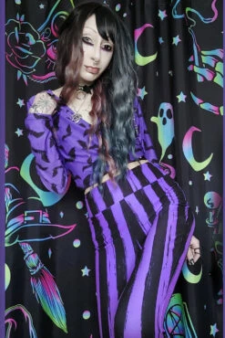 Purple And Black Striped Hellz Bellz Flares [BLACK/PURPLE] -Vampirefreaks Sale Store womens pastel gothic stores