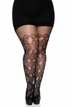 LEG AVENUE Tattooed Scallops Fishnet Stockings [PLUS SIZE] -Vampirefreaks Sale Store womens plus szie hosery